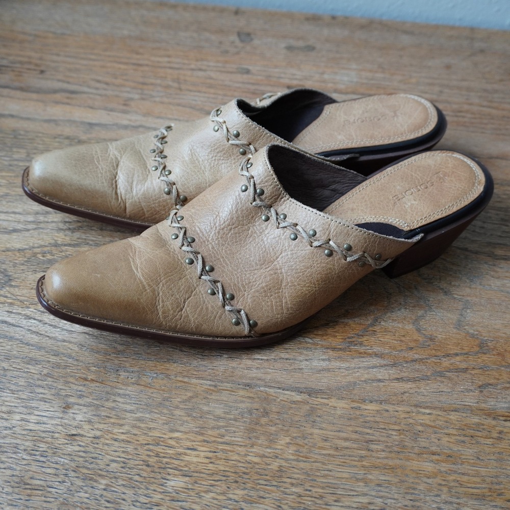 Sonora Double-H Size 8 Clogs Tan Leather Western Mules Whipstitch Studded - Picture 4 of 8